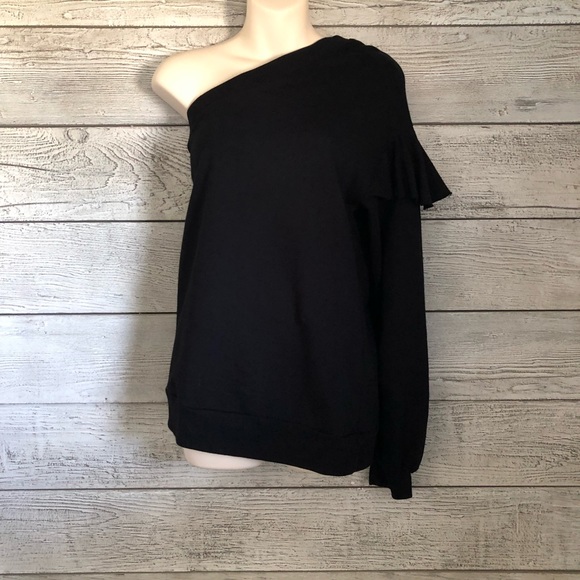 Zara Black Sweatshirt One Shoulder Ruffled Size Small - Picture 4 of 5